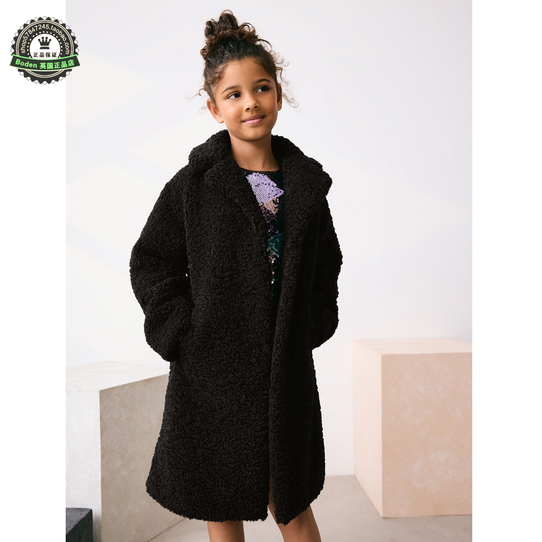 代购NEXT儿童抓绒大衣 25秋冬季女童黑色泰迪绒保暖长外套 3-16岁