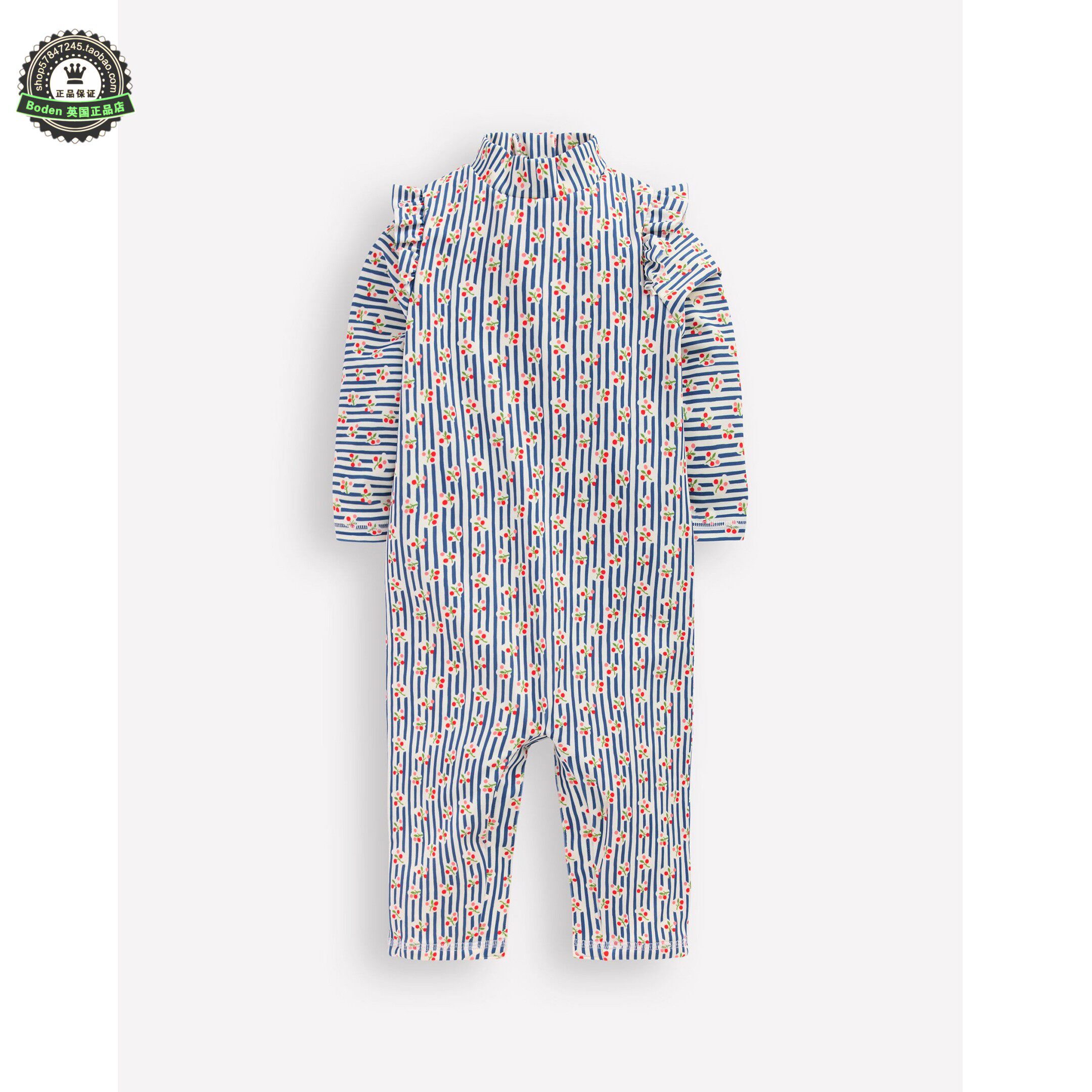 代购MiniBoden宝宝连体泳衣 26夏季婴儿条纹樱桃长袖沙滩防晒泳装