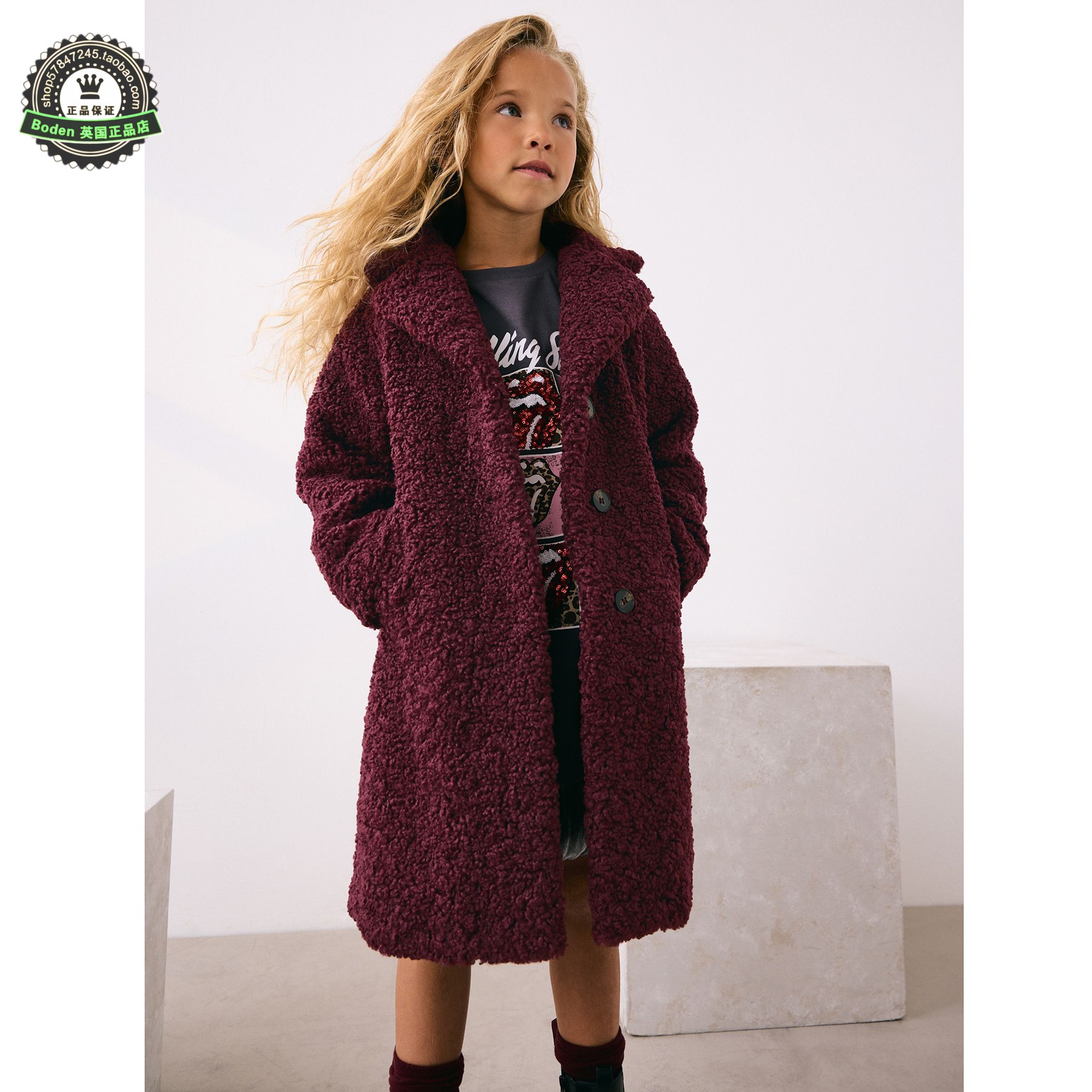 代购NEXT儿童抓绒大衣 25秋冬季女童浆果红色泰迪绒长外套 3-16岁