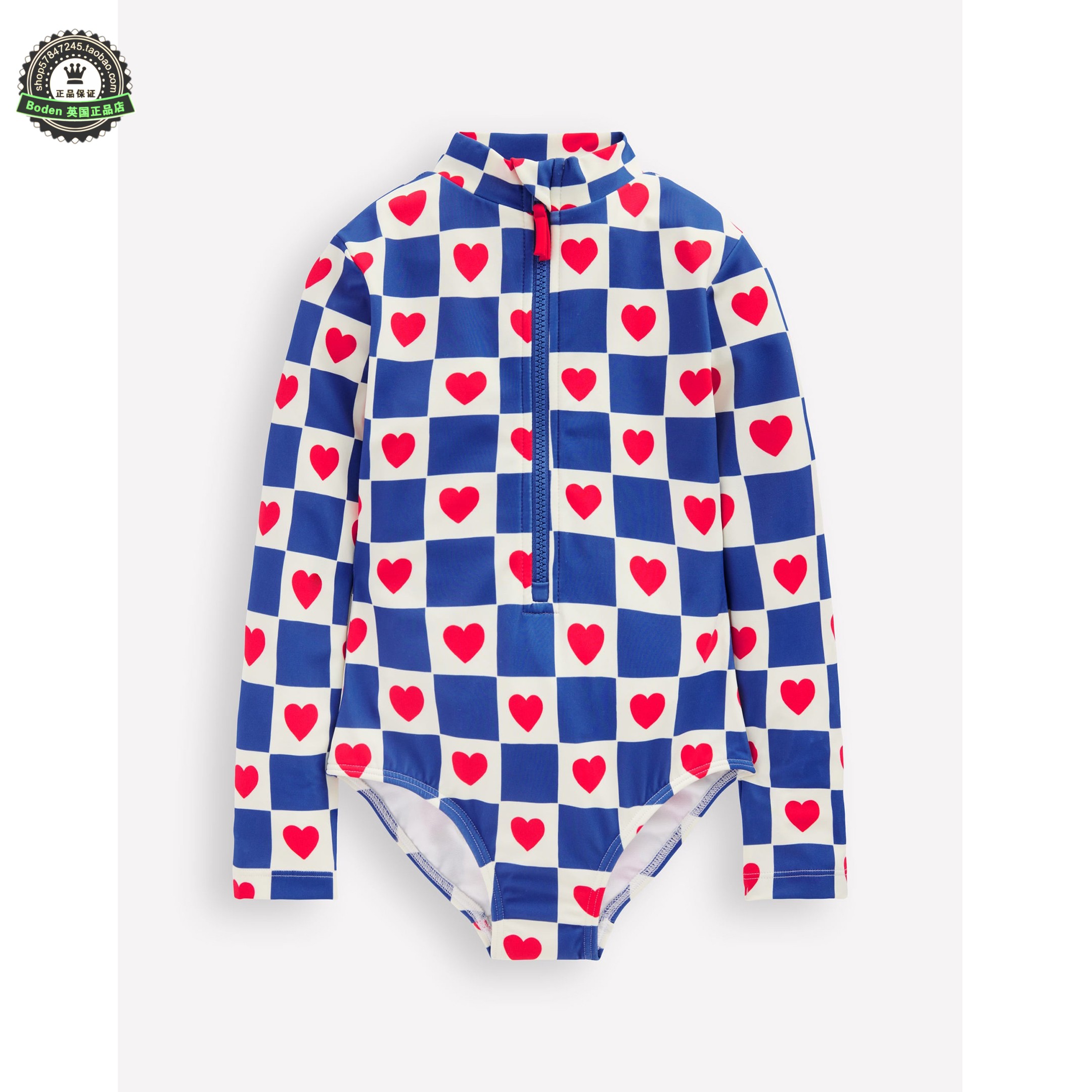 代购MiniBoden儿童连体泳衣 25夏季女童蓝色爱心沙滩长袖防晒泳装