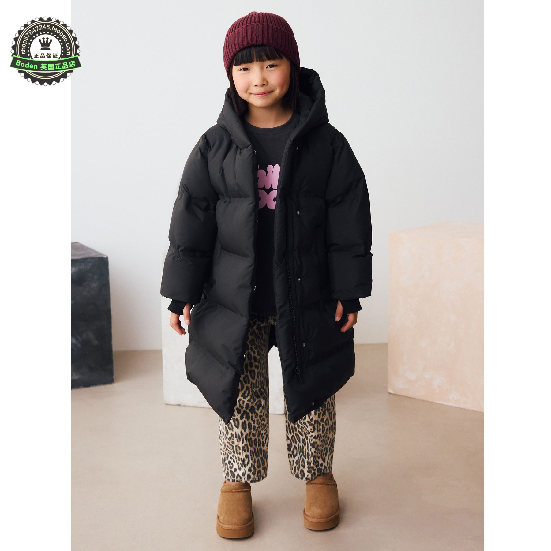 代购NEXT儿童棉服 25冬季女童大黑色抓绒内衬连帽夹棉大衣 3-16岁