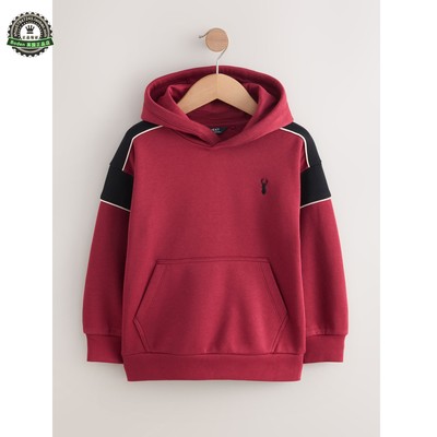 代购NEXT儿童卫衣 26春季男童红色拼接加绒连帽套头运动衫 3-16岁