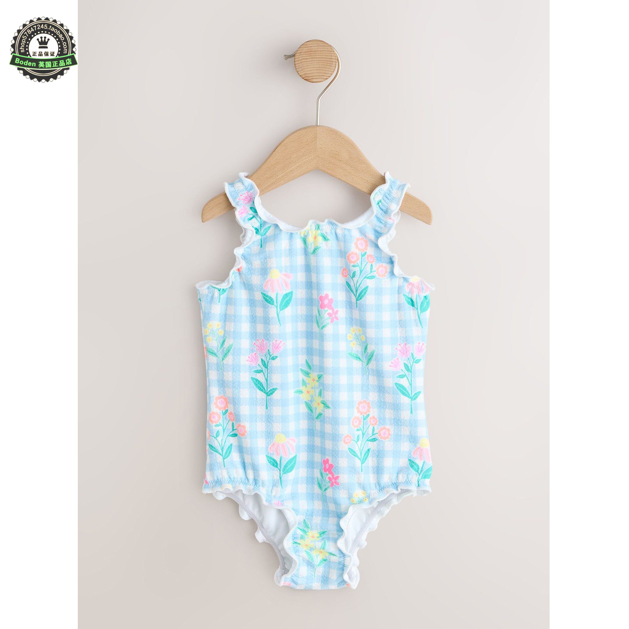 代购 NEXT儿童连体泳衣 26夏季女童蓝色格纹花边宝宝泳装 3月-7岁