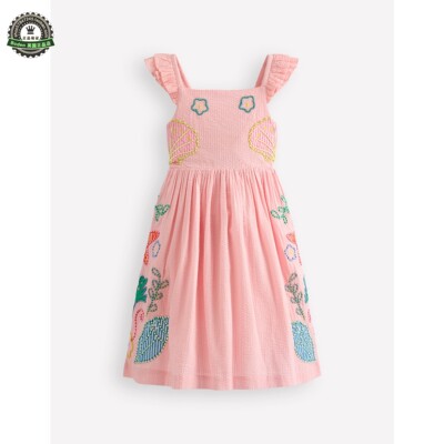 代购 MiniBoden女童吊带连衣裙 26夏季桔色贝壳刺绣儿童裙 2-12岁