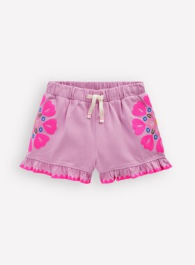 代购 MiniBoden儿童短裤 25夏女童粉紫色刺绣荷叶边休闲裤 2-12岁