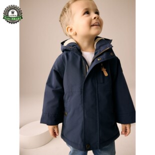 代购 NEXT儿童派克大衣 26春季男童蓝色仿羊羔绒衬厚外套 3月-7岁