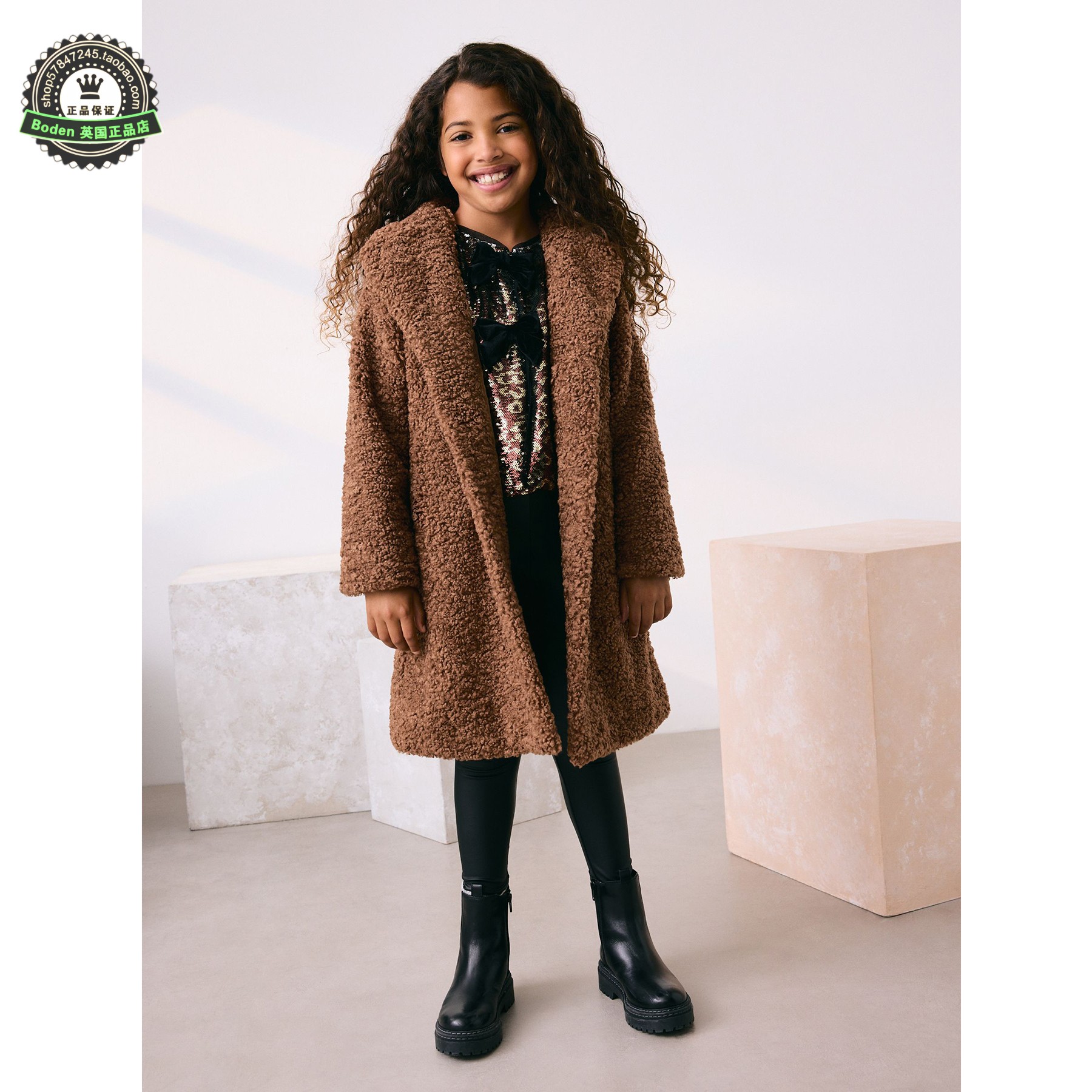 代购NEXT儿童抓绒大衣 25秋冬季女童驼色泰迪绒保暖长外套 3-16岁