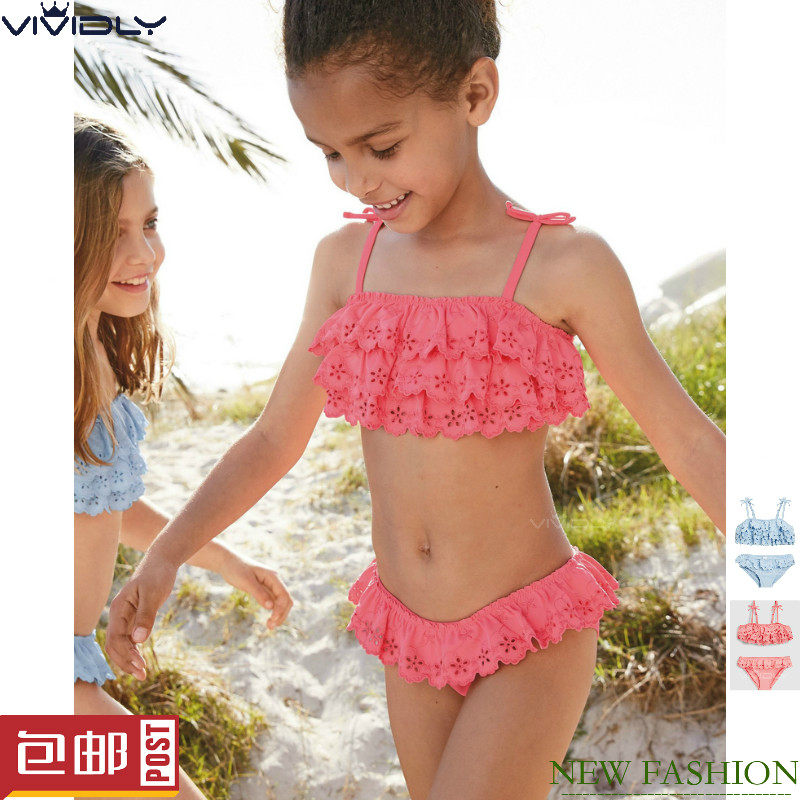 现货 NEXT女童比基尼 春秋夏季大童刺绣褶边分体泳衣2件(3-16岁)
