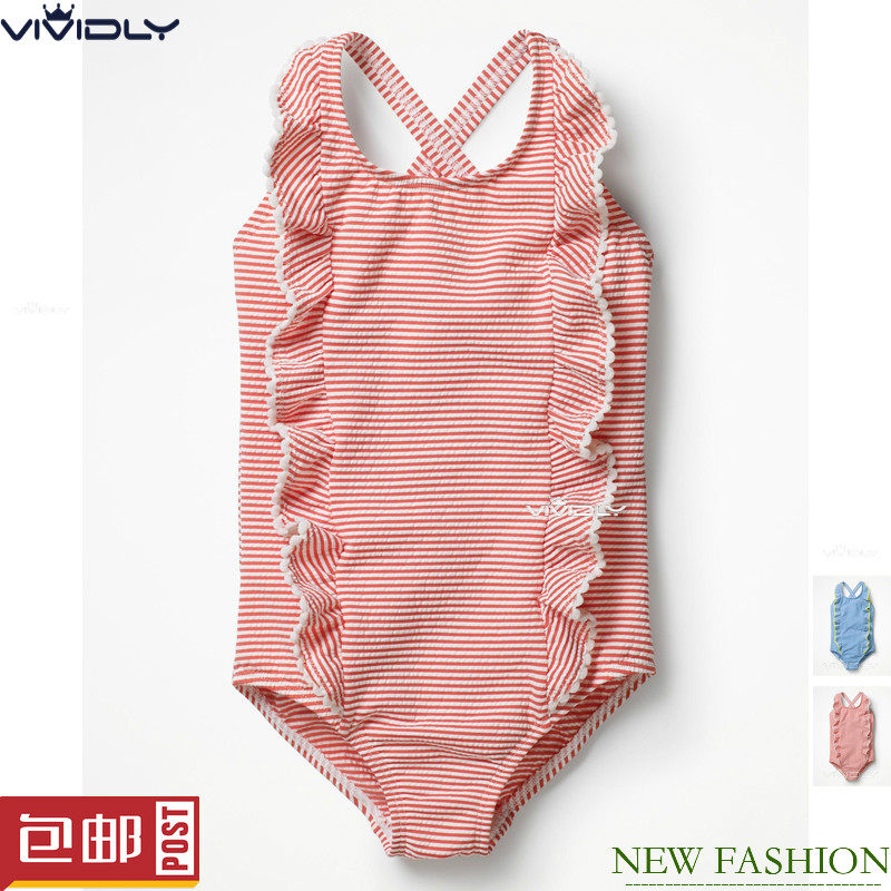 现货 MiniBoden水纹儿童泳衣 春夏中小女童蓝色花边连体温泉泳衣