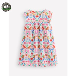 现货MiniBoden女童连衣裙 夏季假日碎花小飞袖纯棉儿童裙 10-12岁