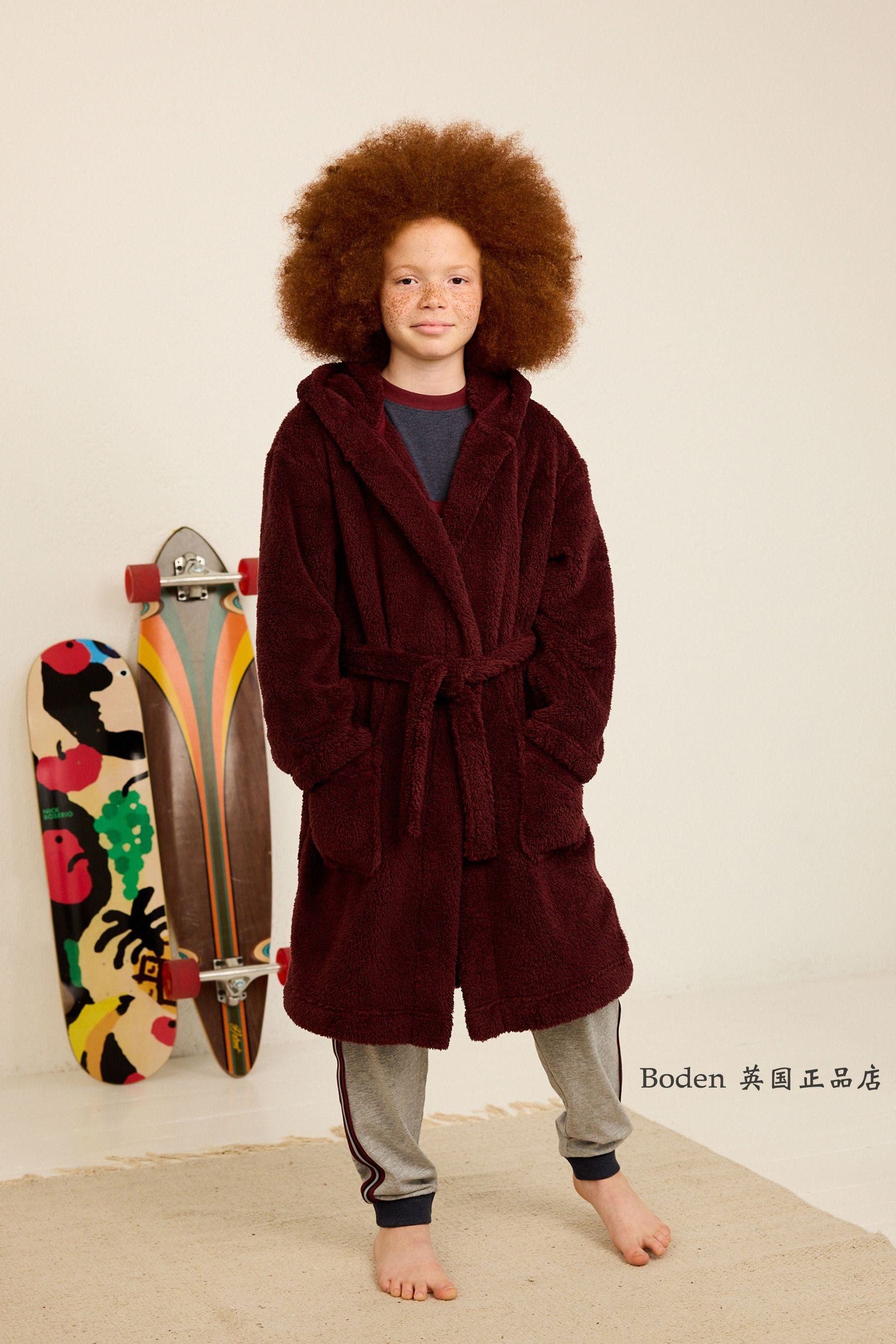 现货 NEXT儿童睡袍 秋冬季大童男孩酒红色抓绒连帽浴袍 13-14岁