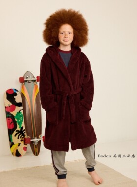 现货 NEXT儿童睡袍 秋冬季大童男孩酒红色抓绒连帽浴袍 13-14岁
