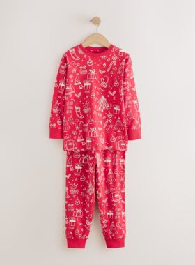 代购 NEXT儿童圣诞节睡衣套装 26秋季女款红色印花亲子纯棉家居服