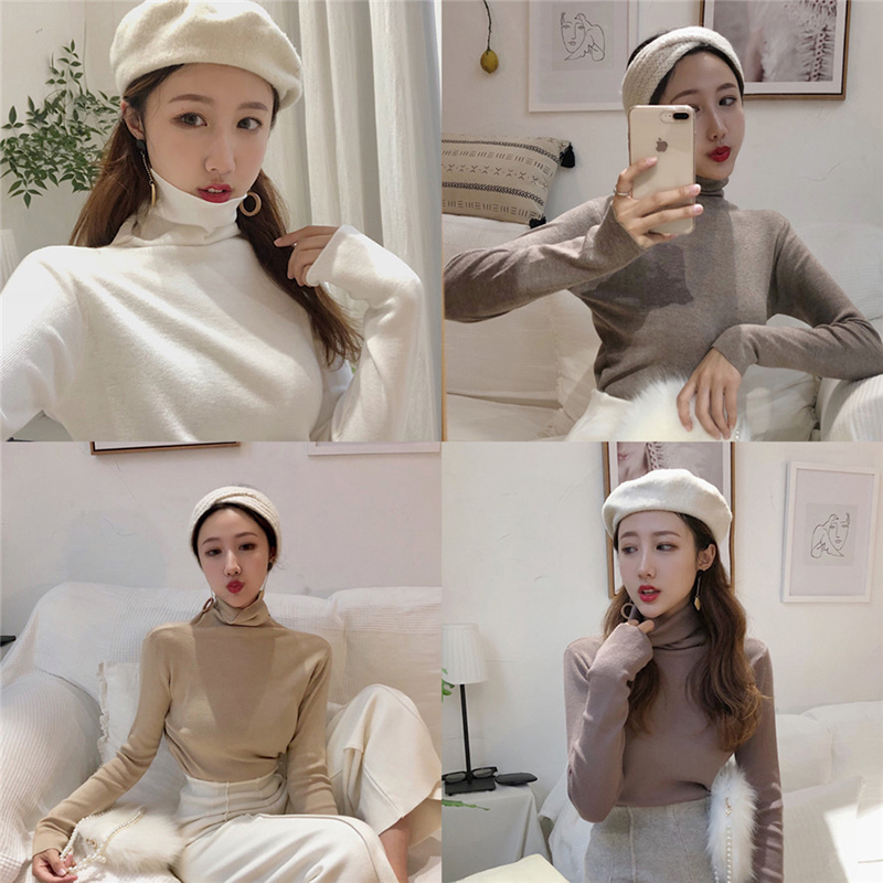 Real photo autumn and winter new solid color all-around high collar pile neck knit simple long sleeve bottoming blouse woman