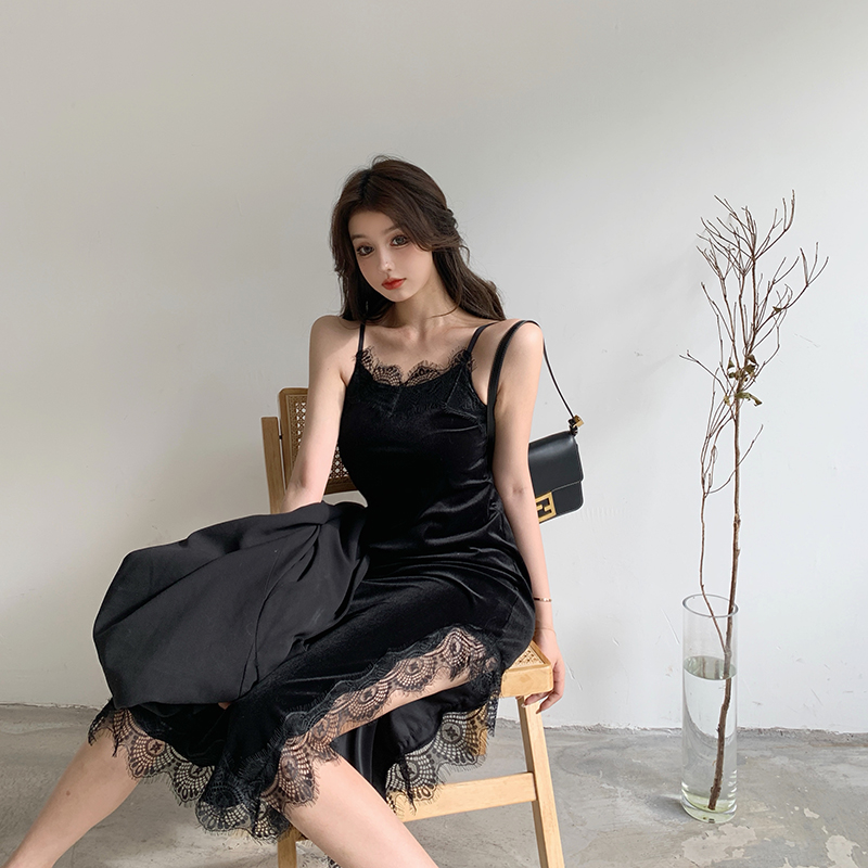 Real shot medium length suspender skirt velvet slim sexy bottomed lace dress slit long skirt