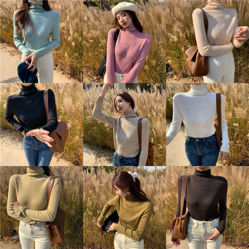 Real shot high collar T-shirt autumn and winter new style long sleeve with thick and versatile thin sweater