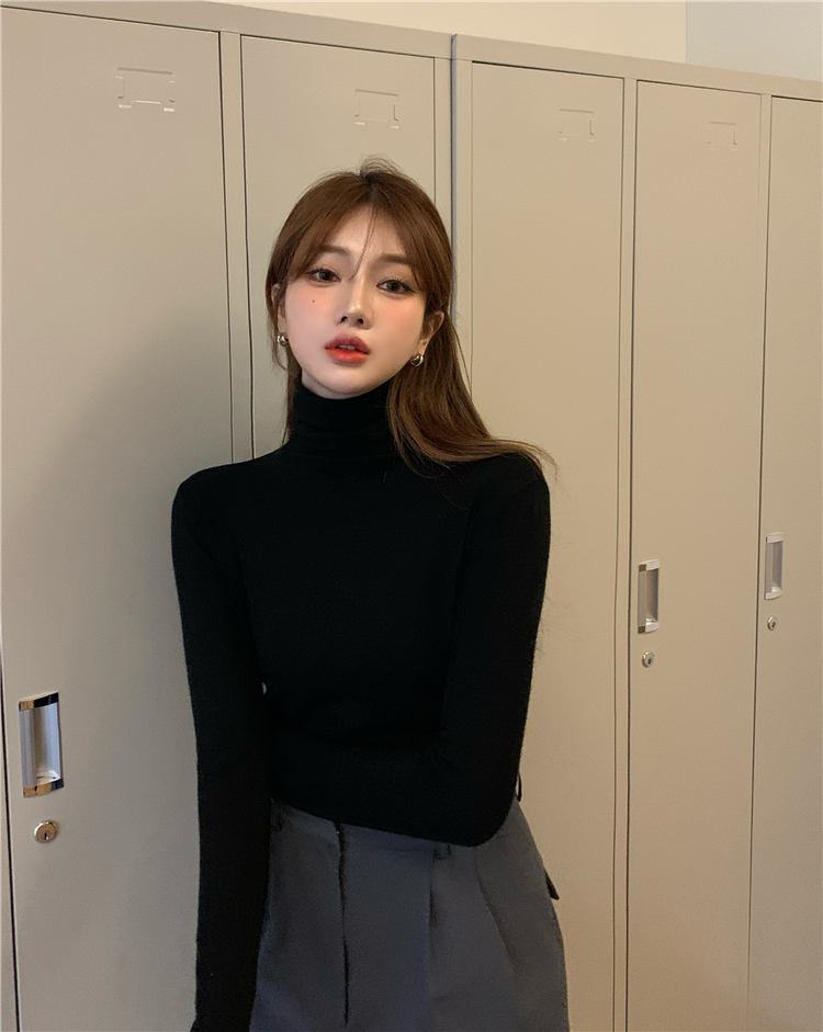 Real shot retro basic high neck slim elastic bottoming shirt versatile Pullover Sweater multicolor