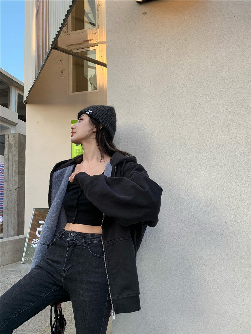 Real shot brandymelville loose jacket Plush hood zipper sweater same as Ouyang Nana