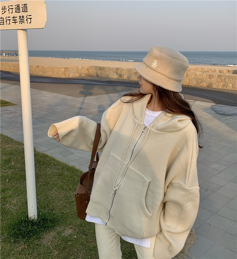 Real shot cream yellow Plush knitted jacket female zipper hooded cardigan