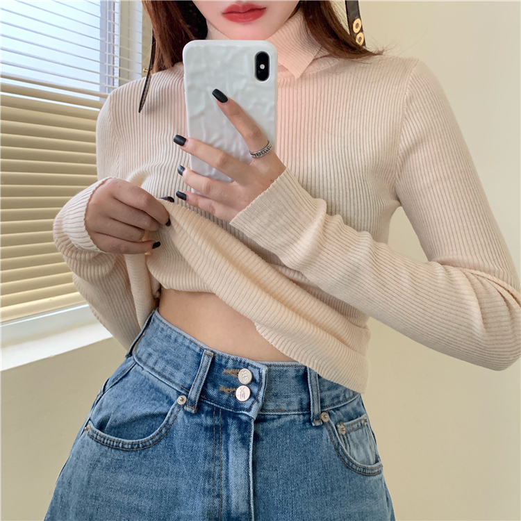 Real photo self-made knitted skin friendly high elastic collar split unique bottoming sweater