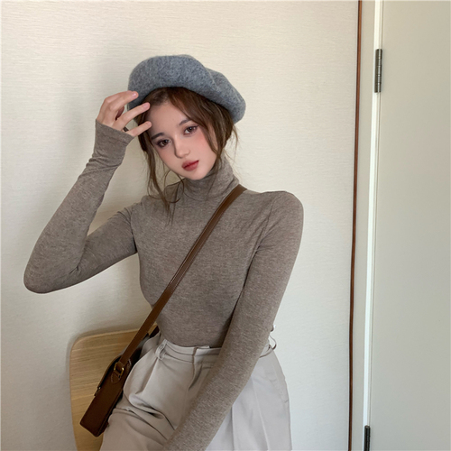 Real shot multi color small high collar solid color long sleeve wool sweater