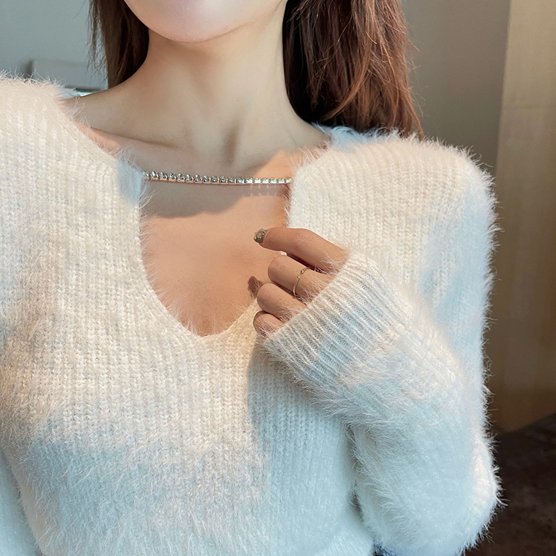 Real shot mink cashmere sweater chain design with soft waxy top and super Xianyang style low collar sweater