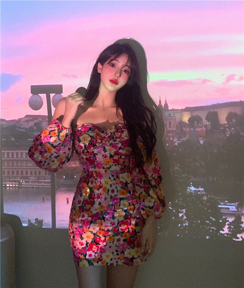 Real shot one shoulder floral dress summer retro bubble short sleeve waist short A-line skirt