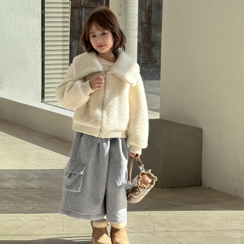 女童皮草外套2025新款100%羊羔毛百搭宽松翻领上衣儿童装冬季大衣