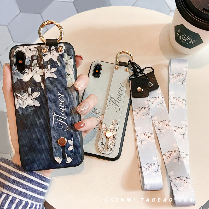 文艺花iPhone8plus手腕带支架手机壳6s挂绳软壳苹果7/X/XSmax套女