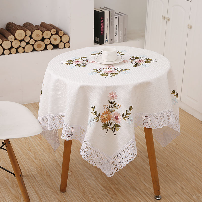 手工丝带绣台布正方形高档桌布茶几布艺盖巾餐桌布中式田园方桌布