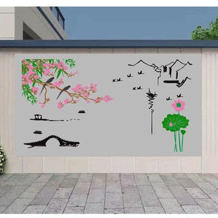 照壁图案画模板迎门墙寓意荷花新中式江南小桥流水彩绘墙手绘外墙