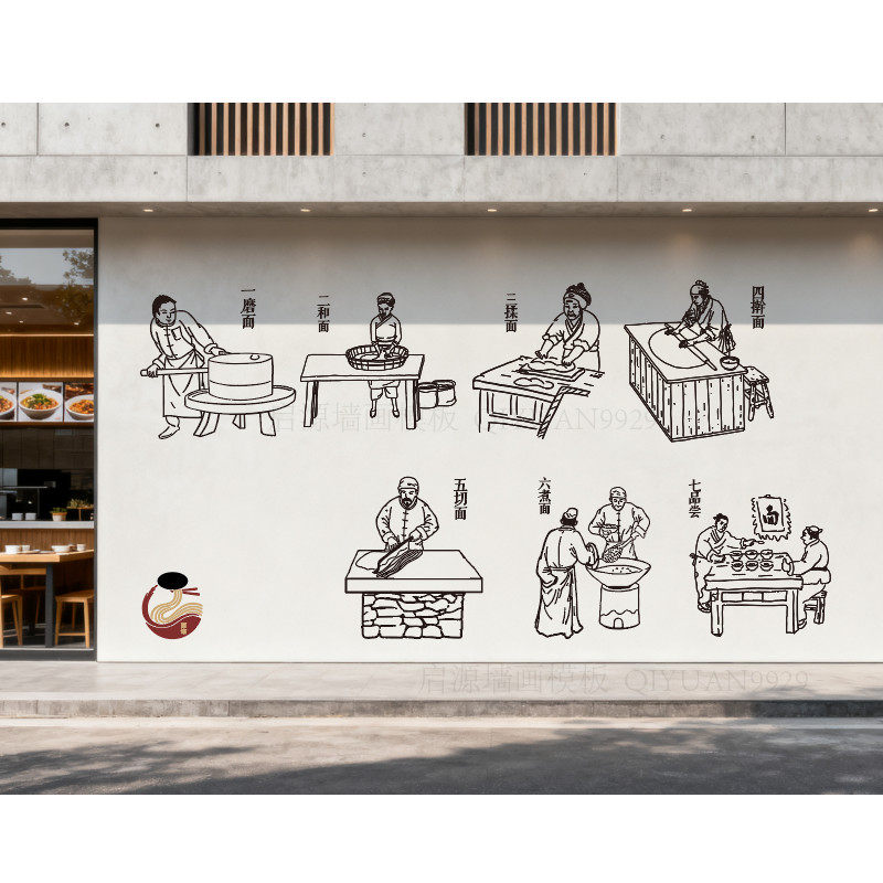 面馆手绘墙模板复古人物店铺餐厅外墙装饰画防晒喷漆模板彩绘涂鸦