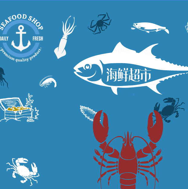 定制手绘画海鲜店墙面装饰超市店面墙体装修涂鸦壁墙模板龙虾螃蟹