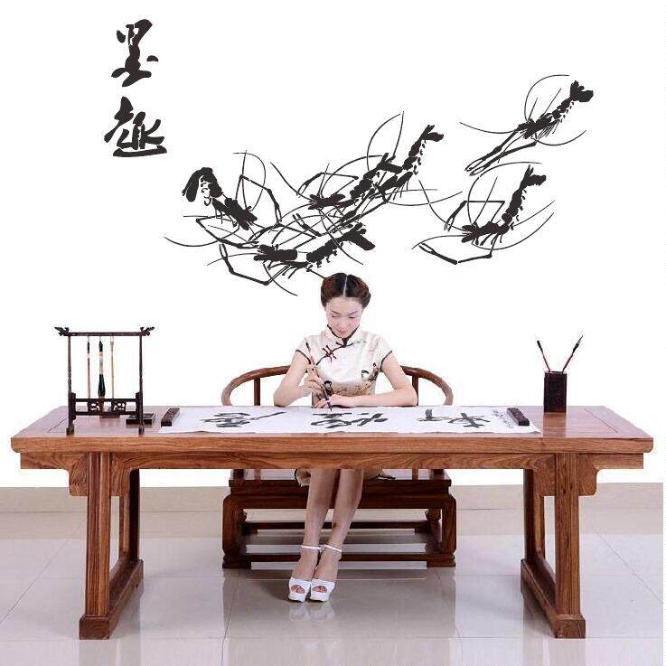 中式风格彩绘墙手绘模板硅藻泥绘画水墨趣虾室内墙绘diy涂鸦