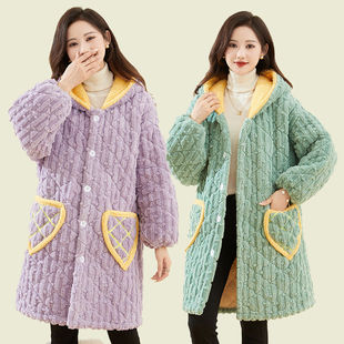 美拉德加绒加厚家居服冬季中长款外套外穿修身显瘦棉衣保暖罩衣女