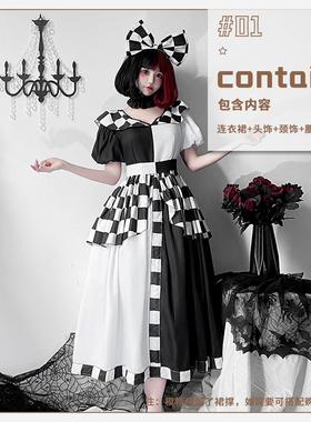 万圣节服装米奇黑白色格子女王装表演服爱丽丝cos女仆小丑公主裙
