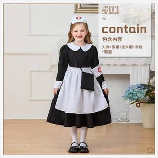 万圣节儿童服装护士装医生护士服装女童女仆装表演服天蓝色连衣裙
