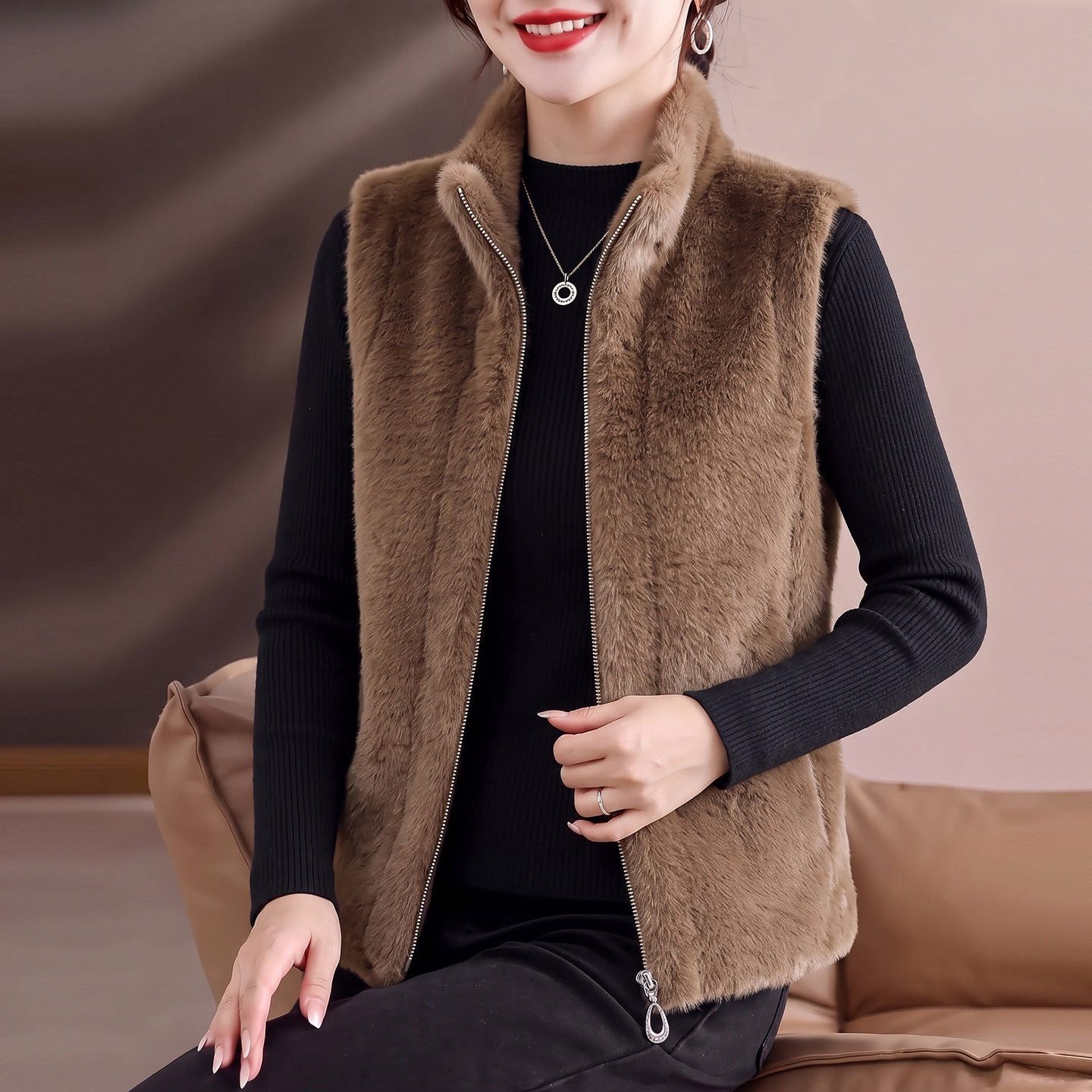 女中老年妈妈装翻领保暖背心外套