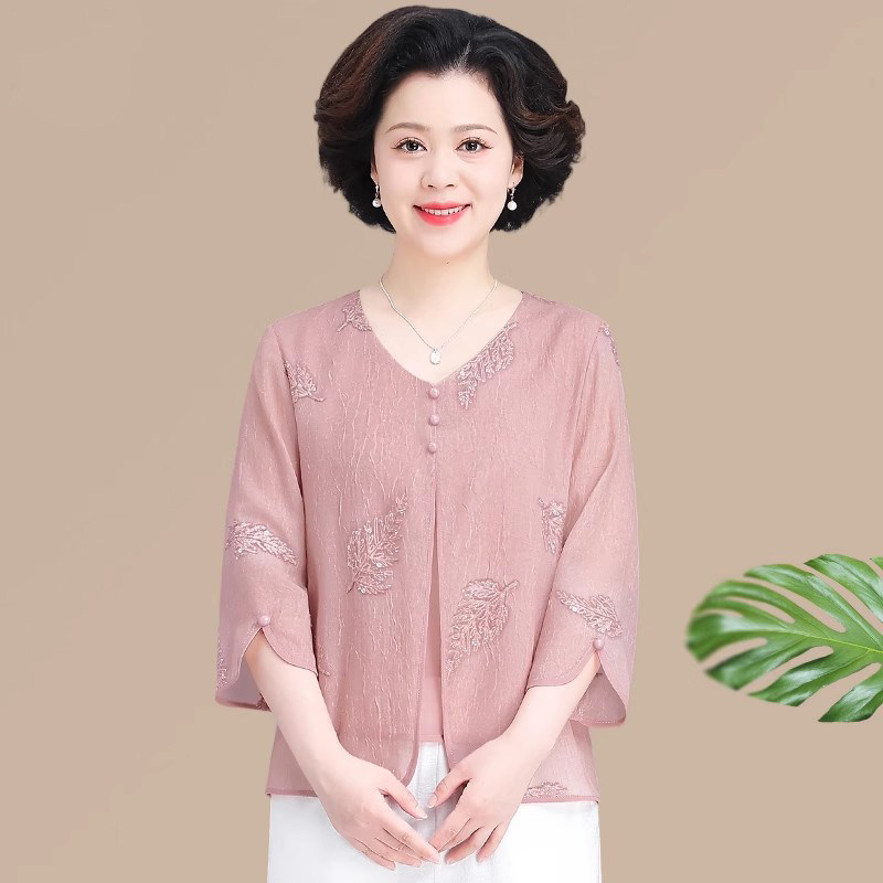 妈妈夏装套装中老年女夏季假两件雪纺衬衫贵夫人高端洋气小衫上衣