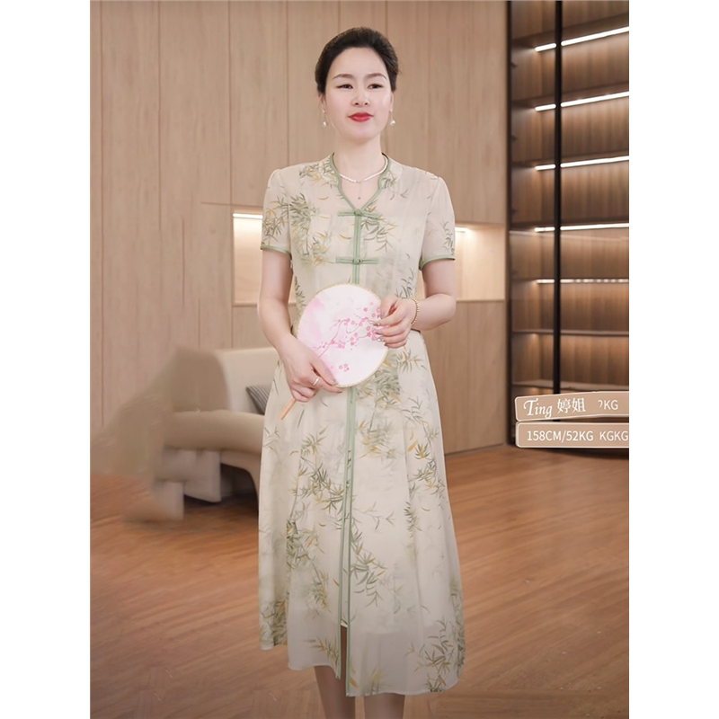 气质妈妈夏装新中式碎花连衣裙中年女洋气印花过膝显瘦长裙子115