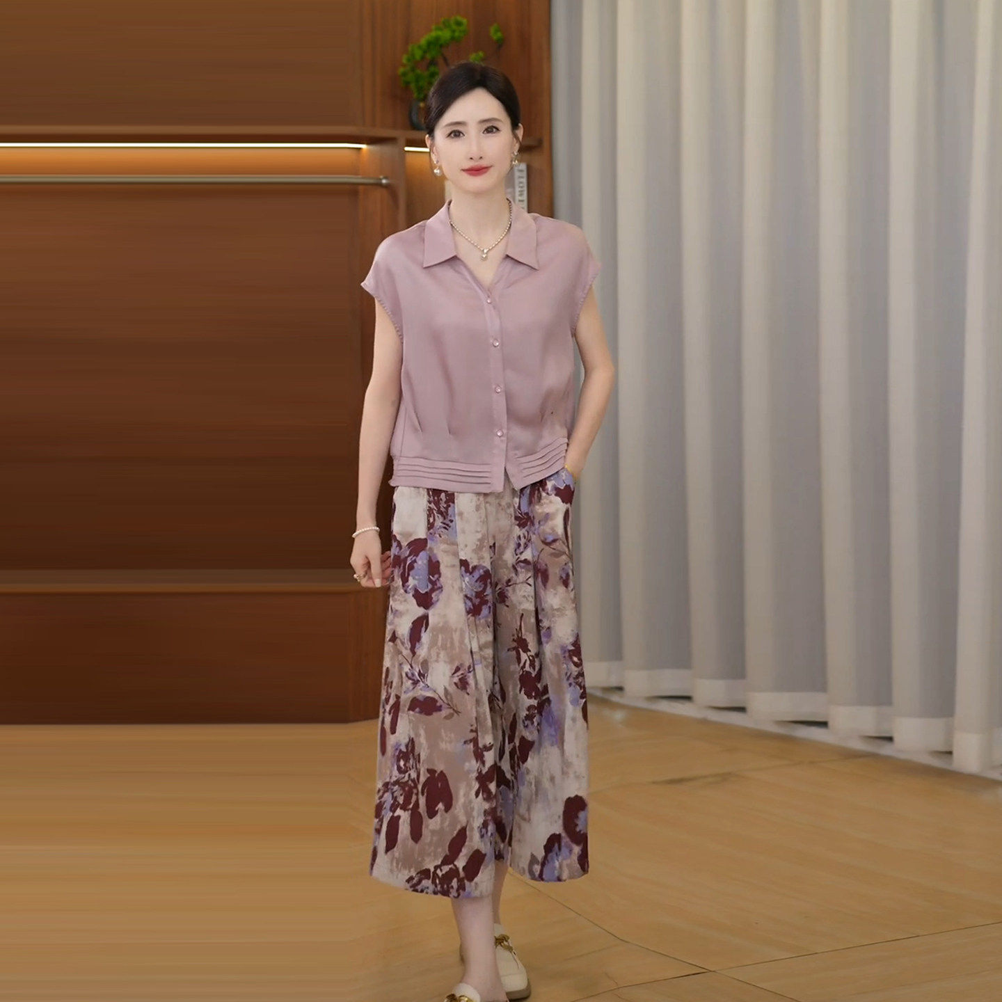 复古时尚女士小衫印花裤子两件套