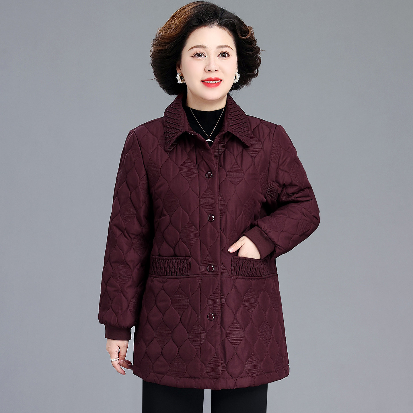 中老年女装菱格纹翻领中长款棉衣
