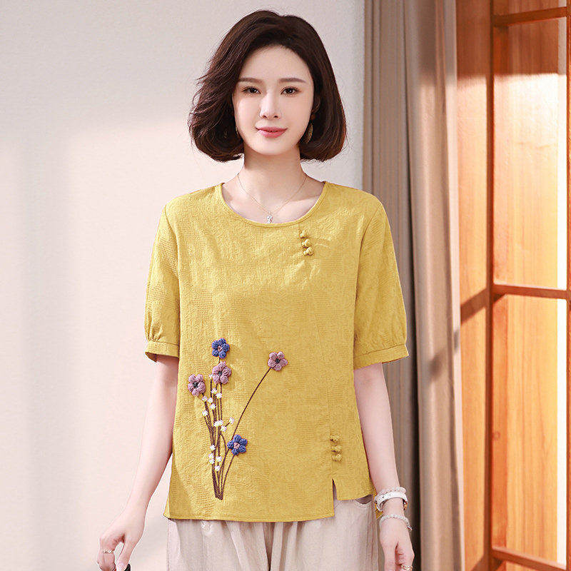夏装减龄上衣中老年女棉麻套装