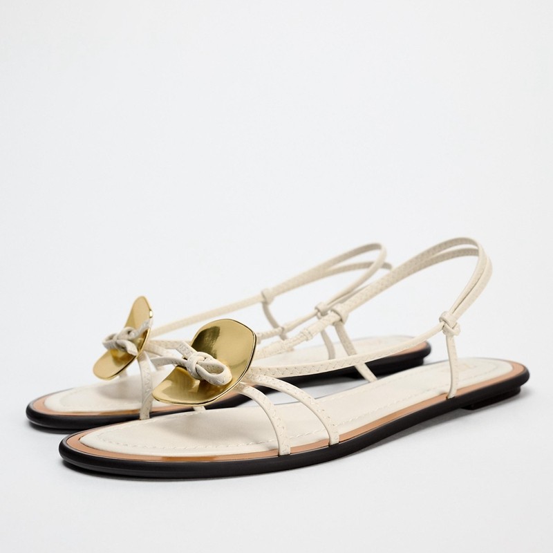ZA2024秋季新款平底凉鞋女时尚欧美风金属装饰细带后绊带露趾凉鞋