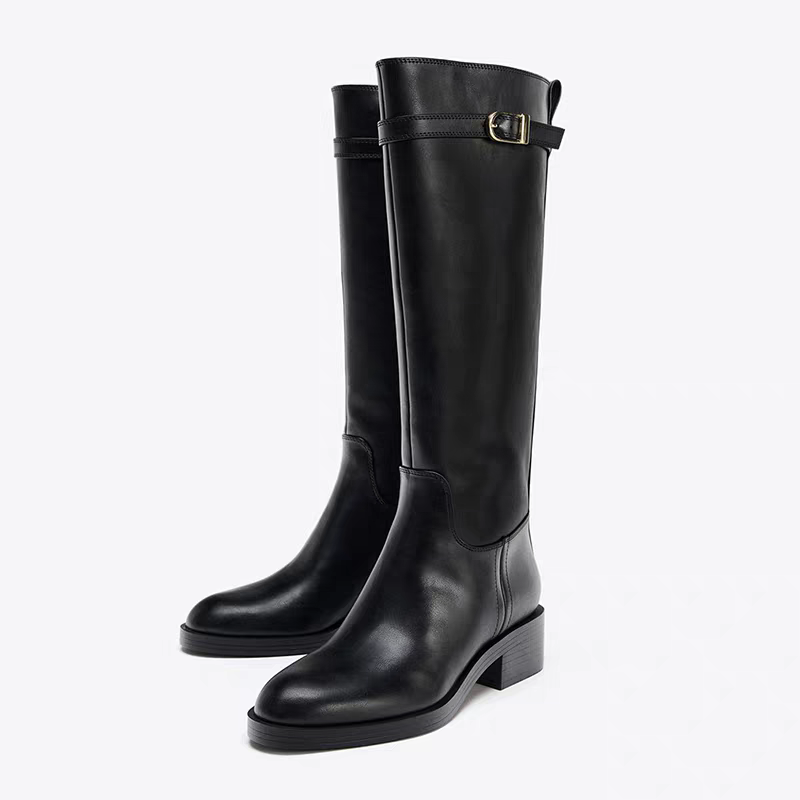 西班牙ZA2025秋季新款西部靴圆头粗跟时尚骑士靴百搭长筒靴女靴子