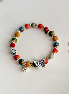 秋冬新款文艺国风景德镇陶瓷手串新中式蝴蝶瓷珠手链气质百搭批发