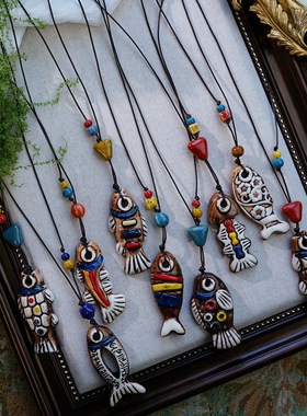 景德镇陶瓷鱼项链新中式民族风陶瓷长款毛衣链古风轻奢小众配饰女