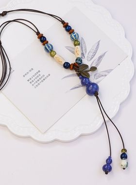 国风中式民族风景德镇陶瓷项链毛衣链瓷珠串珠吊坠古风配百搭新款