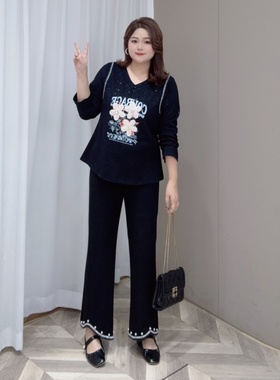 PWD33222【现货仅裤子】阔腿裤脚花边大码女装微喇裤【裤长96】