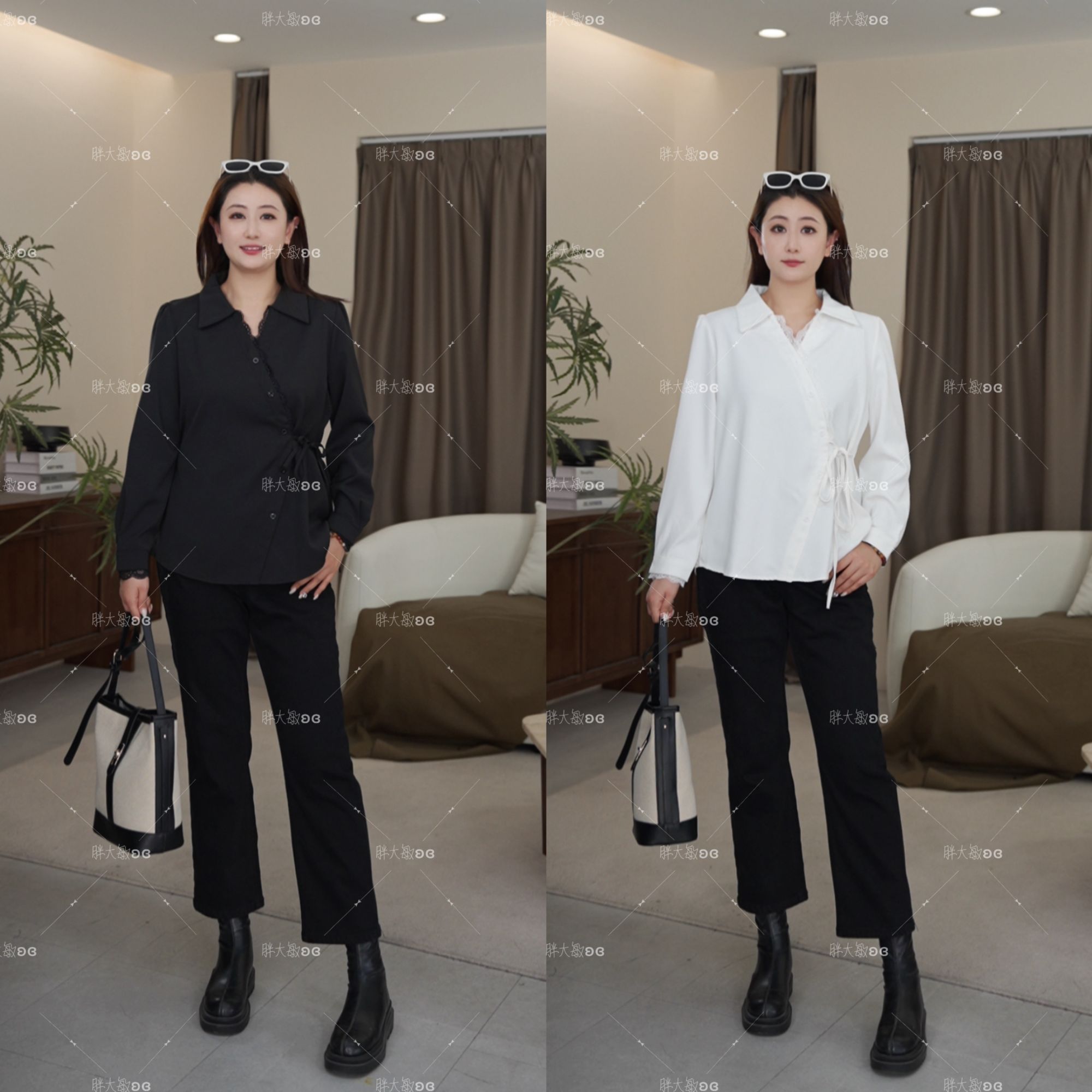 【上新】秋冬衬衣PMM82165秋季新款收腰绑带气质带花边女装大码衬